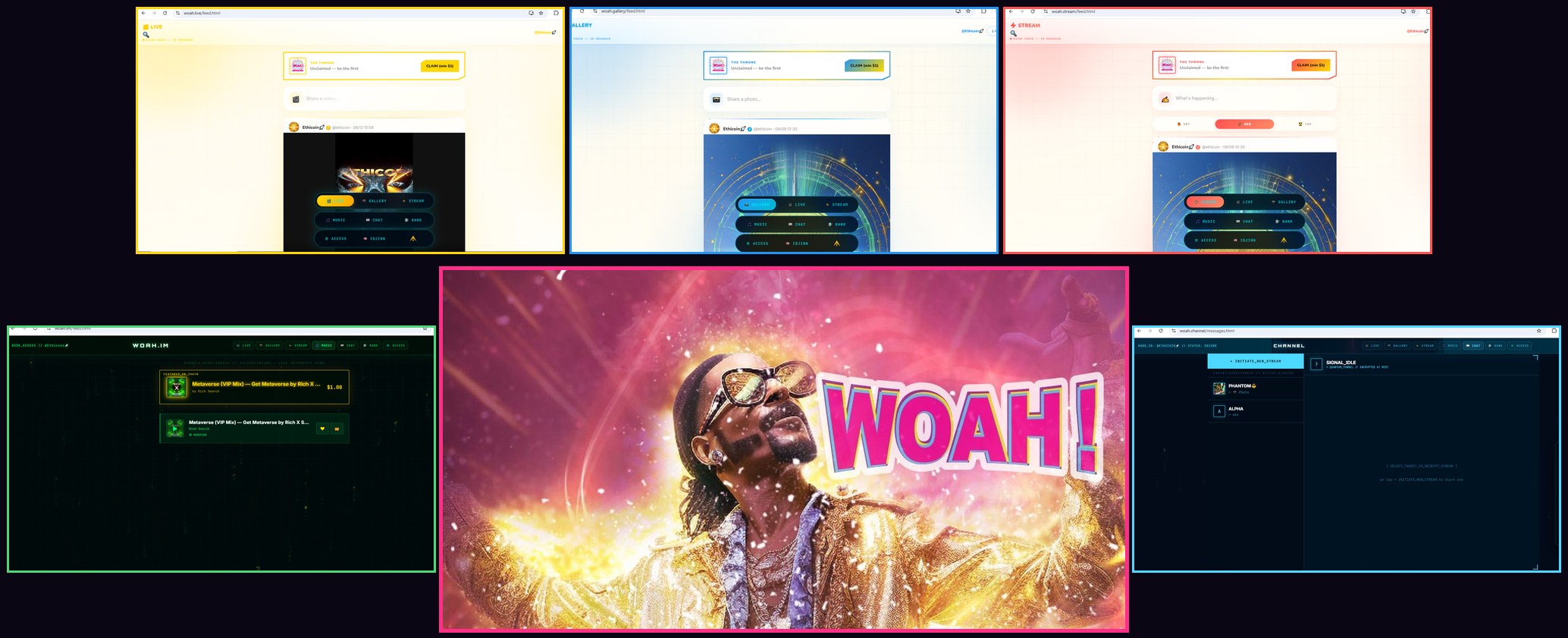 WOAH의 5개 플랫폼 — LIVE, GALLERY, STREAM, MUSIC, CHAT 실시간 화면